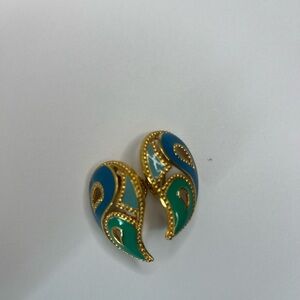 Vintage | Avon Gold Tone Enamel Pierced Earrings Blue Green Paisley Swirl
